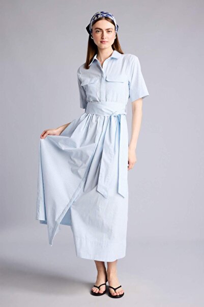 DeFacto Shirt Collar Striped Poplin Short Sleeve Maxi Dress H5954Ax26Sm