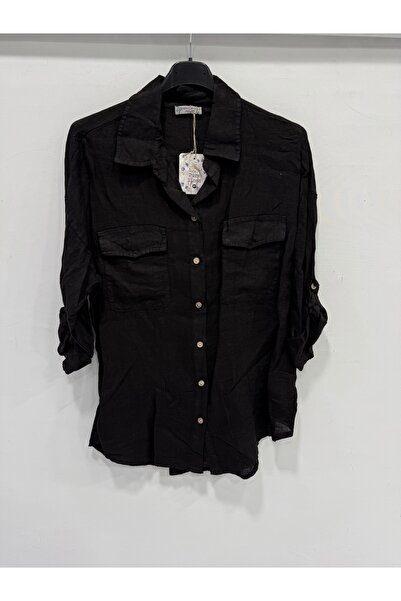 della moor Women's Black Italian Folded Long Sleeve Oversize Long Linen Shirt...