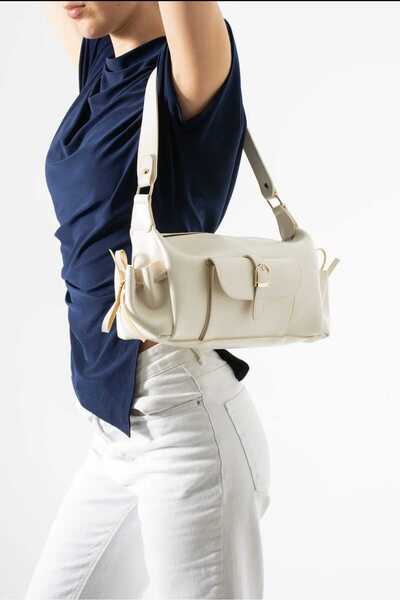 ÖZÜM ÇANTA Marino Model Women's Hand and Shoulder Bag with Pockets, Cream