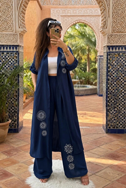 AZRA BUTİK Silver Embroidered Suit Navy Blue