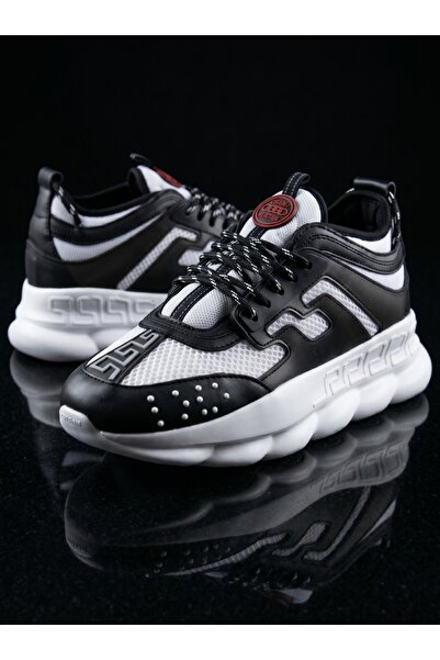 EXCLUSIVE STYLE Sneakers din piele ecologica albi cu negru - CHAIN DUO