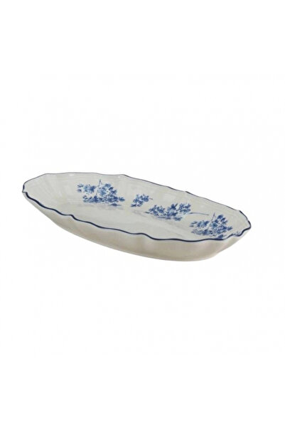 ACAR Vintage Garden Mavi Çiçek Desenli Beyaz Porselen Oval Tabak 32x19 cm