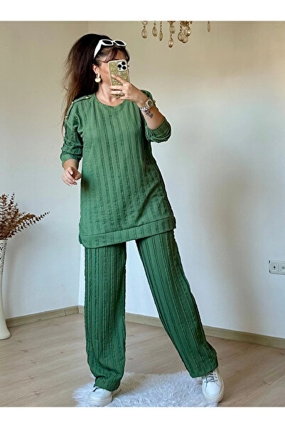 AZRA BUTİK Shoulder Gold Buttoned Suit Green