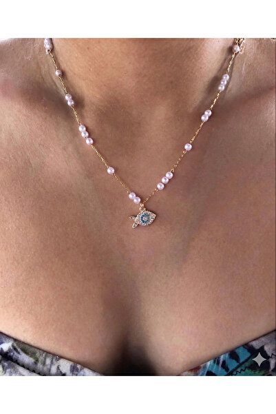 AychaAksesuar Small Stone Fish Necklace with Minimal Pearls