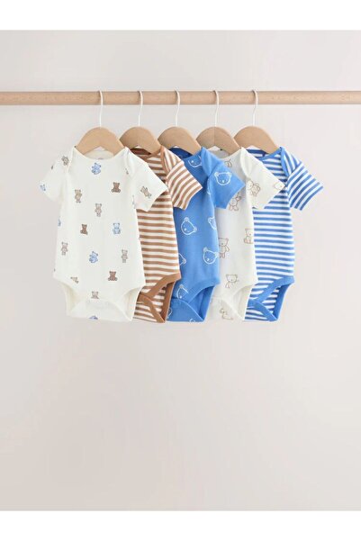Next Baby Cotton Blue/Ecru Bear Patterned Short Sleeve Bodysuit Set of 5
