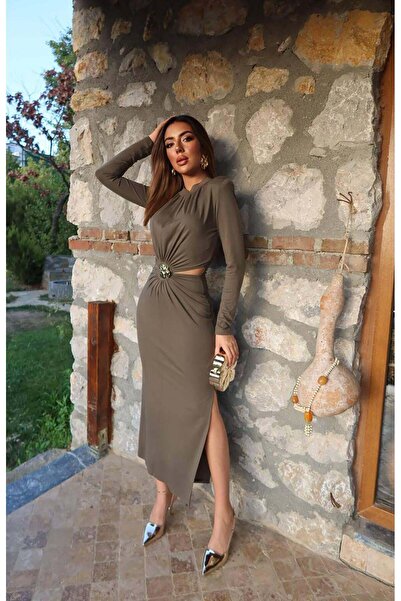Caddebostan Moda Women's Waist Window and Buckle Detailed Slit Gathered Long ...