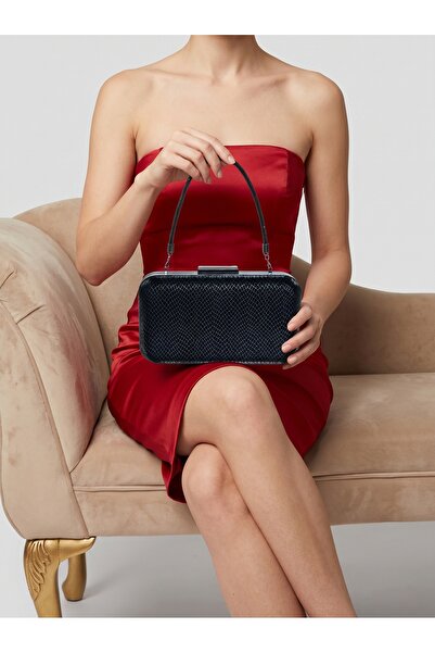 Biçanta Black Laser Snake Women's Evening Dress Bag with Black Stone Handle D...