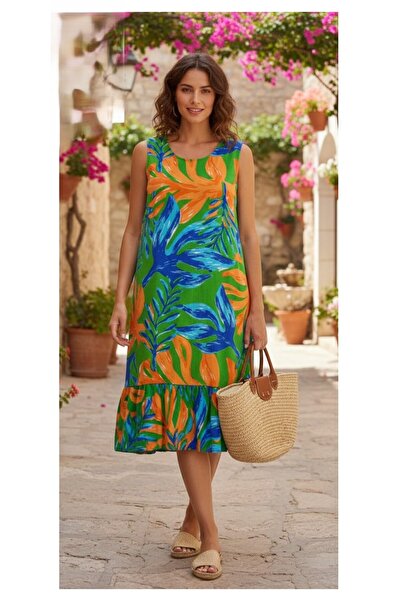 Arya Nisa Kids 100% Cotton Patterned Crew Neck Sleeveless Long Summer Dress