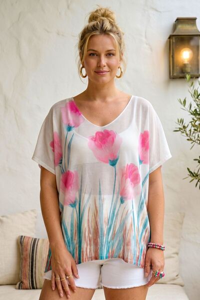 Chiccy Italian White-Pink V-Neck Low Sleeve Slim Digital Printed Casual Merce...