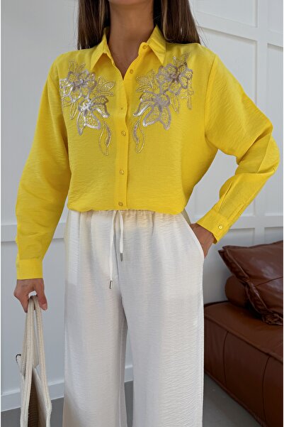 MİA NOURA Women's Shirt with Beaded Embroidery on Front and Sleeves, Oversize...