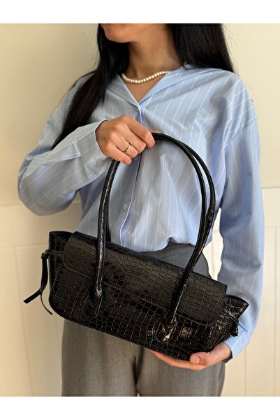 lalettobags Geantă de umăr cu fermoar, model croco, cu detaliu elastic, model...