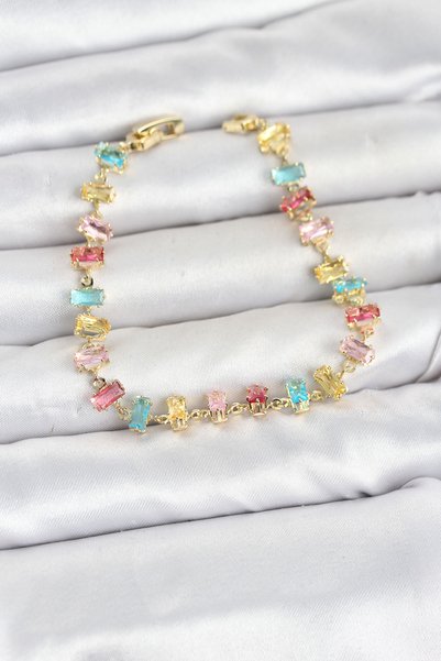 OEM Crystal Stone Baguette Cut Mixed Color Gold Color Gema Women's Bracelet