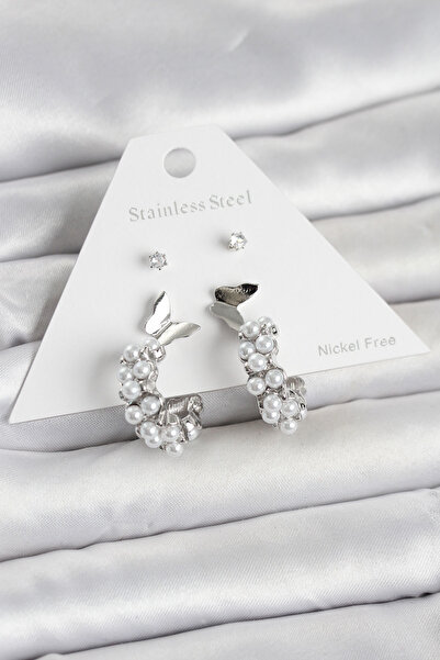 Generic Brand Brass Silver Color Butterfly Detailed Women's Earring Set 5886