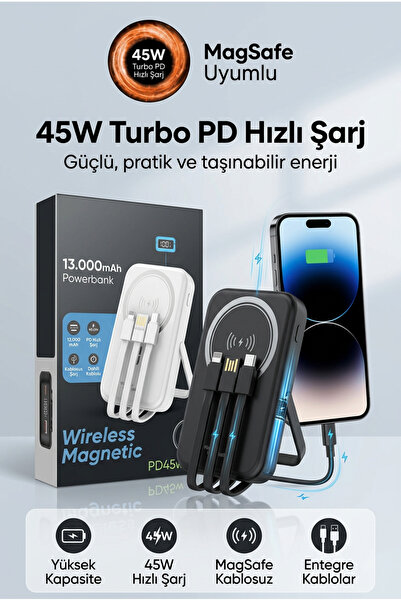 Case&Accessories iPhone Uyumlu Manyetik Kablosuz Powerbank 13000 mAh 45W Siya...