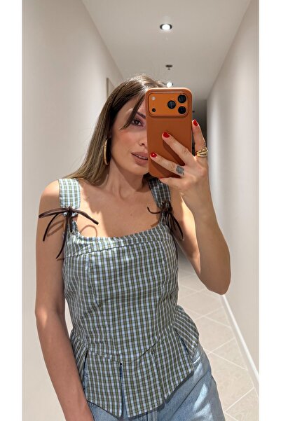 Duya Butik MAVİ-YEŞİL PÖTİ KARELİ ASKILI KORSE BLUZ