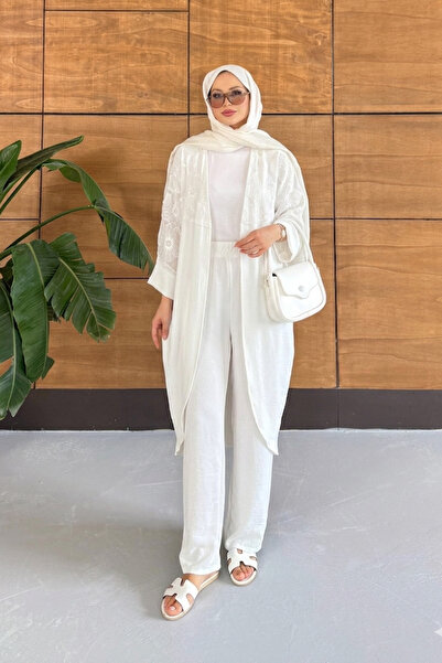 Miss Allos Women's Tulle Floral Embroidered Bat Sleeve Linen Suit