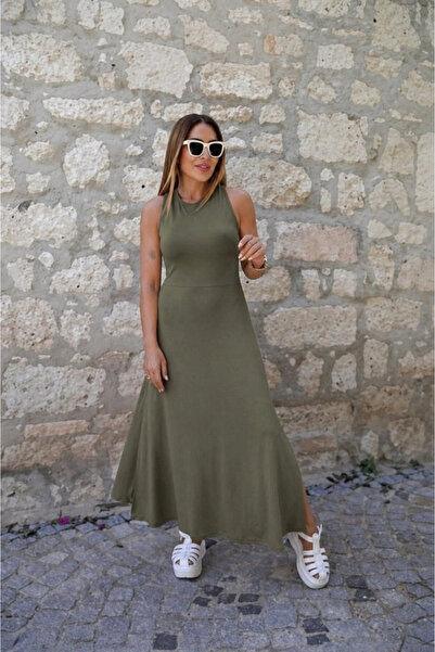 Generic Brand Woman's back cross detail round neck maxi viscose dress