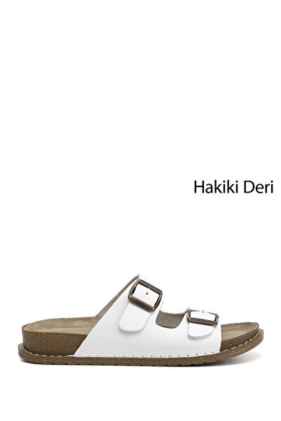 GÖNDERİ(R) Women's White Double Buckle Genuine Leather Slippers