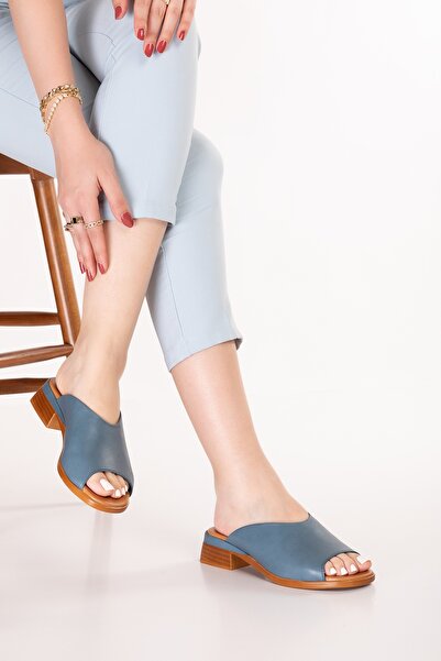 Gondol Women's Genuine Leather Short Heeled Daily Slippers Iz.23107 Blue