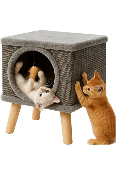 Purlov Cat House Bed & Sisal Scratching Post – Stable Cozy Hideaway