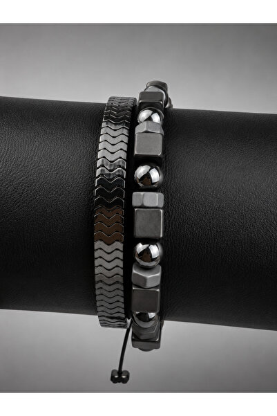 Takıtolia Kross Gray Metallic and Black Tones Natural Stone Double Bracelet S...