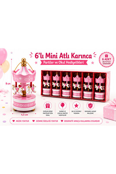 KAR TANESİ 6’lı Mini Atlı Karınca Hediyelik 8 Cm Pembe Ahşap Dekor Okul Karne...