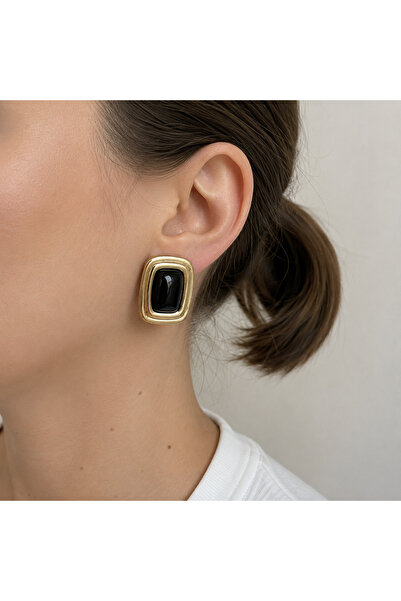 nerora Rectangular Button Model Vintage Earrings Colorful Stone Gold Black (T...