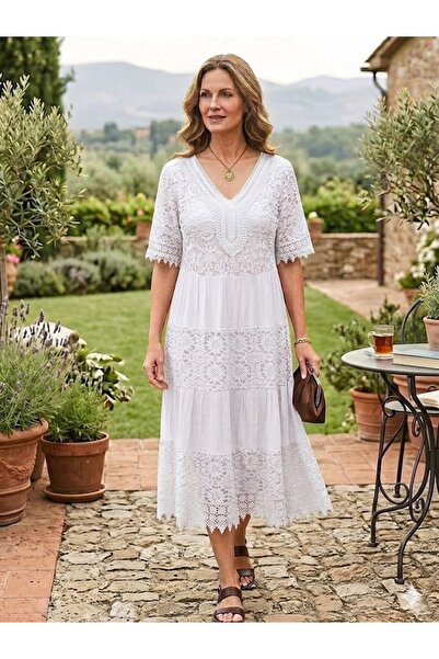 AYASOFYA OTANTIK Women's Italian White Sequined V-Neck Lace Midi Silk Dress