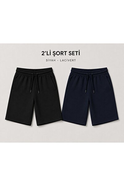 ADR MODA Unisex 2 Li Siyah Lacivert Geniş Paça Şort Seti