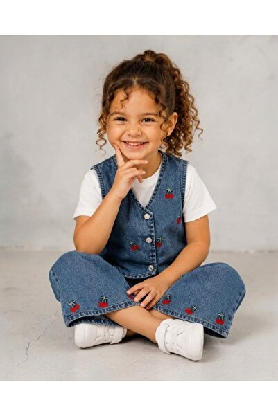 voyyo kids baby طقم جينز صيفي للبنات بتصميم الكرز، يتكون من بنطلون وسترة وتي ...