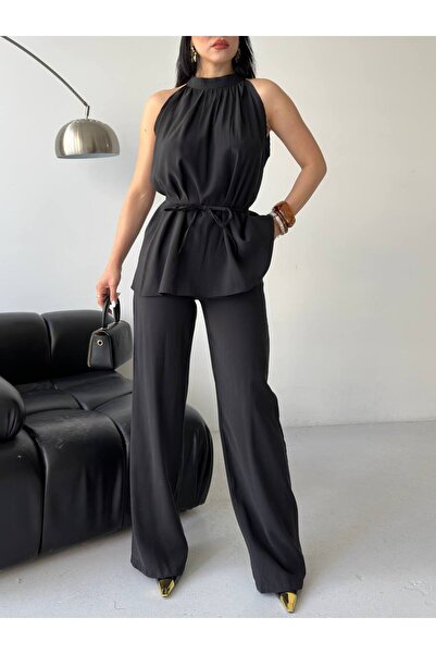 buqre's moda Women's Modal Halter Neck Gathered Belted Loose Two-Piece Set