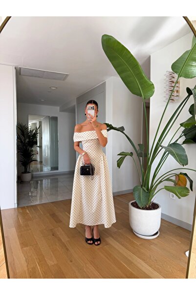 buqre's moda Madonna Collar Polka Dot Side Pleated Midi Length Women's Dress