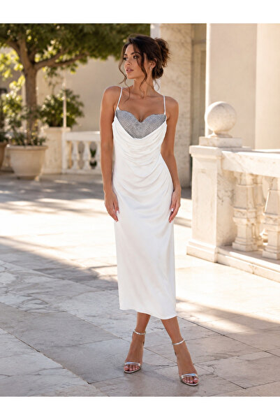 Divin store White lycra midi dress with shiny bust and elegant Draped effect