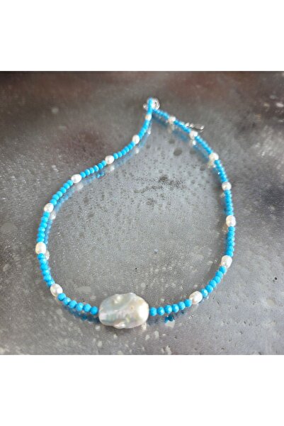 DRUZY Blue howlite necklace with pearls, Blue Silence #66