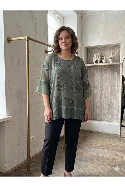 AYASOFYA OTANTIK Women's Italian Sequin Detailed Embossed Embroidered Mesh Ov...