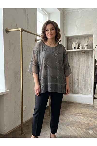 AYASOFYA OTANTIK Women's Italian Sequin Detailed Embossed Embroidered Mesh Ov...