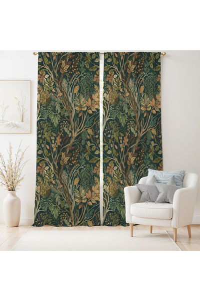 Hanna Home Yeşil Kahverengi Floral Desenli Kadife Görünümlü Salon Fon Perde