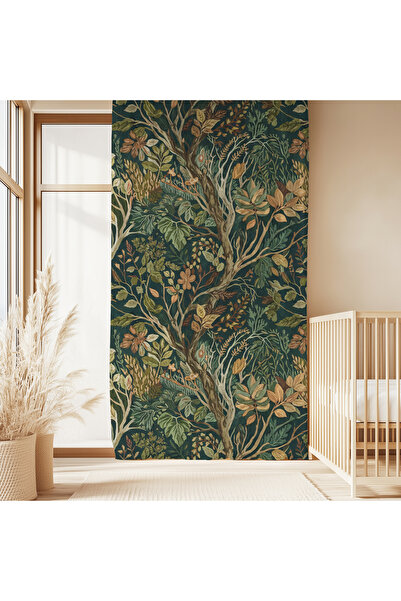 Hanna Home Yeşil Floral Desenli Kadife Görünümlü Salon fon perde