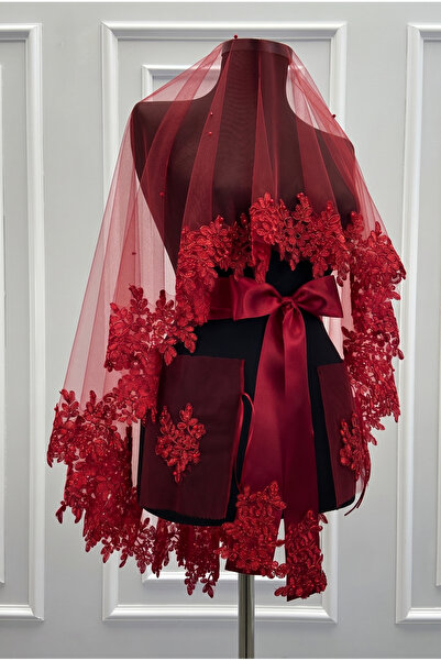 ZEYMERADE Burgundy Bridal Veil Set, Guipure and Pearl Decorated Henna Night V...