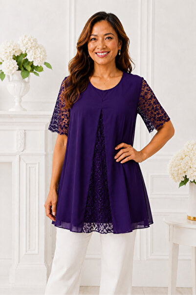 IŞILTI Women's Crew Neck Lace Short Sleeve Sequined Special Design Stylish Pu...