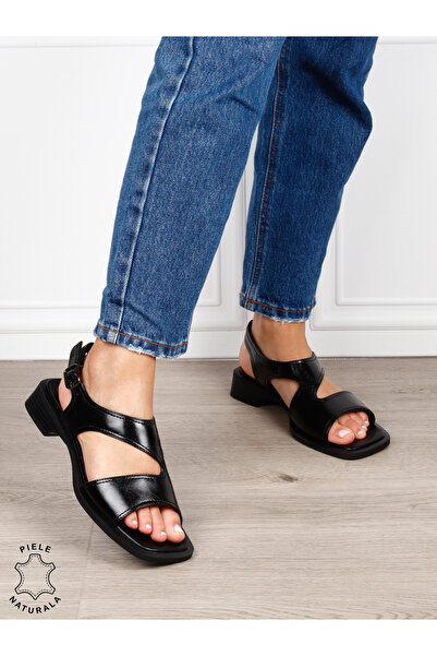ANGEL BLUE Women's genuine Leather Sandals with straps CRL1627 Black
