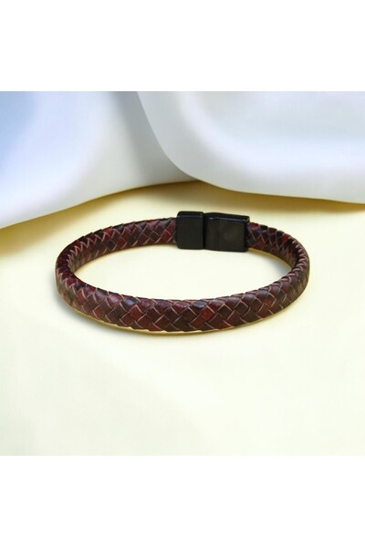DEHNA Genuine Leather Brown Men's Bracelet with Fine Weave Design and Magnet 8 mm