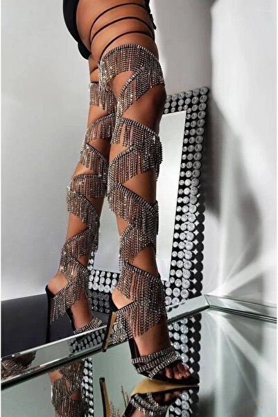 Shoes Moopimoda-Kadın Siyah Püsküllü Bacak Sarmalı Abiye Sandalet 11cm Topukl...