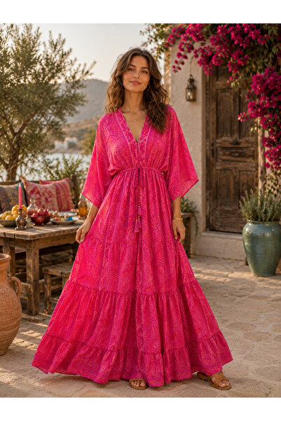 laviyonsa Back-Cut Ethnic Patterned Silk Dress with Foil Details (Fits Standa...