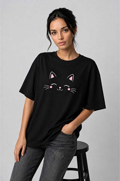 OWNME Tricou oversize cu imprimeu pisică pentru femei