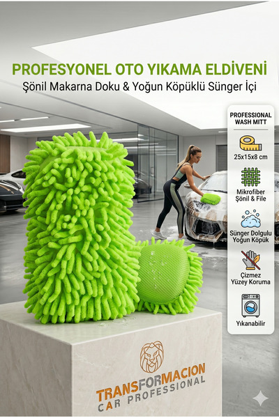 Transformacion Profesyonel Çizmeyen Makarna Oto Yıkama Eldiveni, İçi Süngerli...