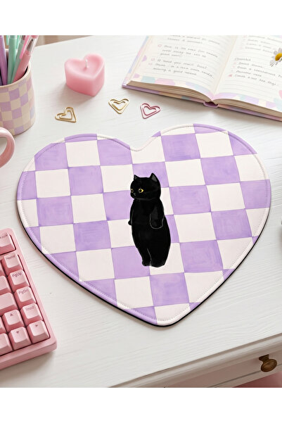matizya Lila Dama Desenli Siyah Kedi Kalp Mousepad – Kawaii Kalpli Mouse Pad ...