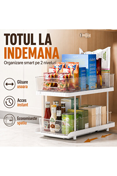 iTin Organizator Glisant 2 Niveluri pentru Dulap si Sub Chiuveta, Alb Transpa...