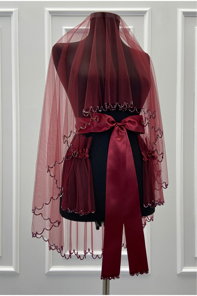 ZEYMERADE Burgundy Bridal Veil Set, Sparkling Crystal Stone Decorated, Henna ...