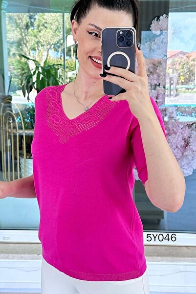 İnce Topuk V-Neck Openwork Mercerized Knitwear Blouse 5Y046